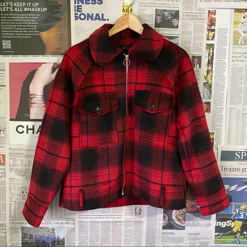 Forever 21 Mens Red & Black Flannel Zip Up